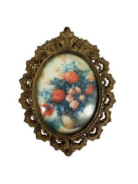 Vintage Convex Bubble Glass Italian Ornate Gold Oval Frame Floral Print Wall Art